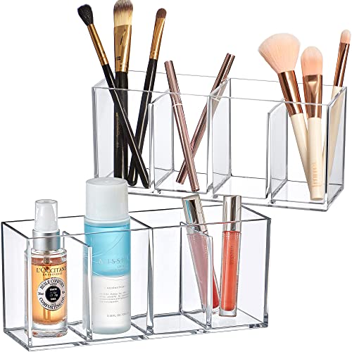 Acrylic Makeup Organizer 2-Pack with 4 Compartments, Vanity Storage for Brushes and Eyebrow Pencils