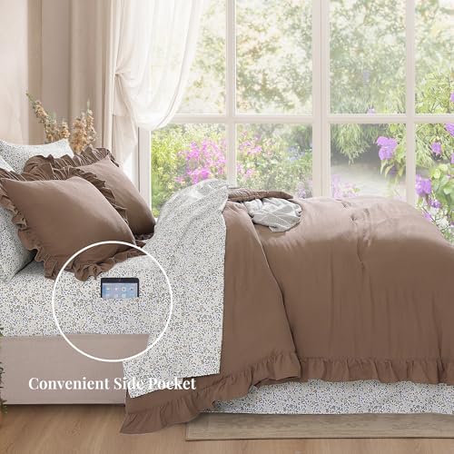 Amber Brown Queen Comforter Set with Ruffles & Floral Sheets - 7 Pieces