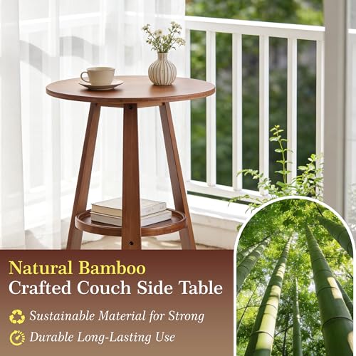 Brown 2-Tier Bamboo Round Side Table - Mid-Century Modern End Table