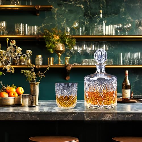 1917 Lead-Free Crystal Whiskey Decanter Set 37.2 oz with 4 Glasses and Gift Box