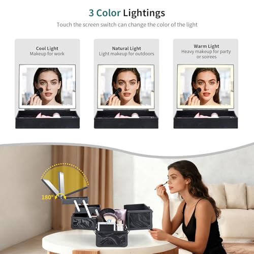 Faquenc Black Travel Makeup Case with LED Lighted Mirror - Portable Organizer
