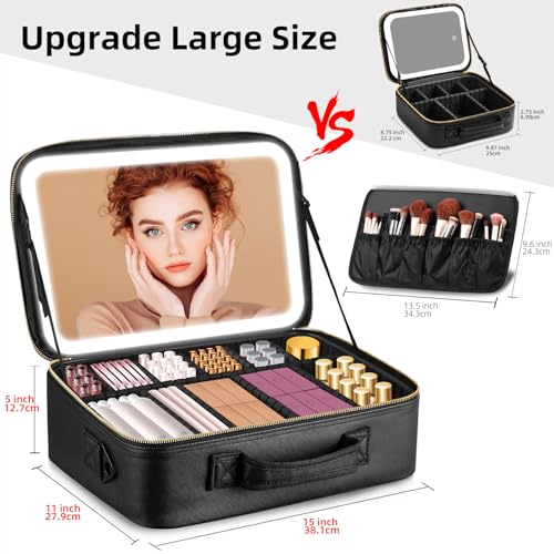 Large Travel Makeup Bag with LED Mirror - Black, 15 Inch