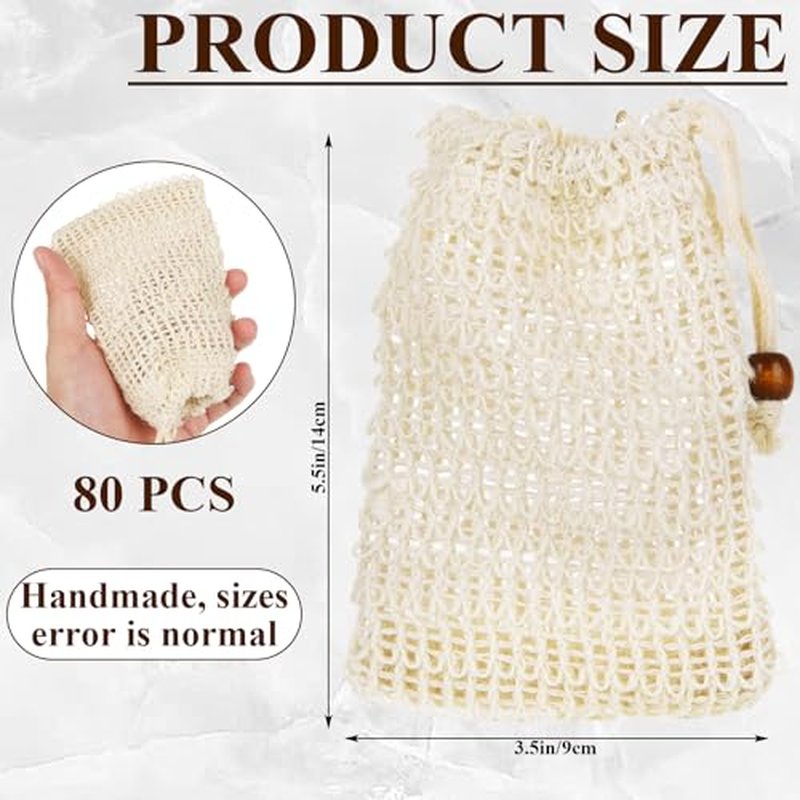 80 Pack Soap Saver Bag Mesh Exfoliating Bar Soap Pouch Natural Sisal Soap Saver Bag with Drawstring Foaming and Drying Holder for Shower Kitchen Bathroom Travel