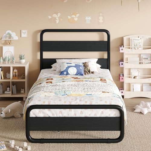Black Twin Size Metal Bed Frame with Wooden Headboard - SHA CERLIN