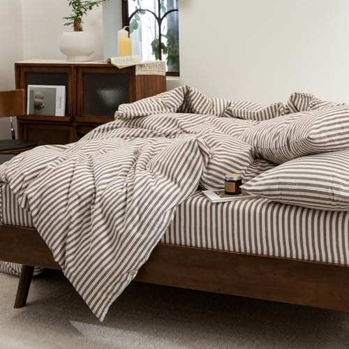 Striped Cotton Linen Feel Duvet Cover Set King Cocoa Brown Variation