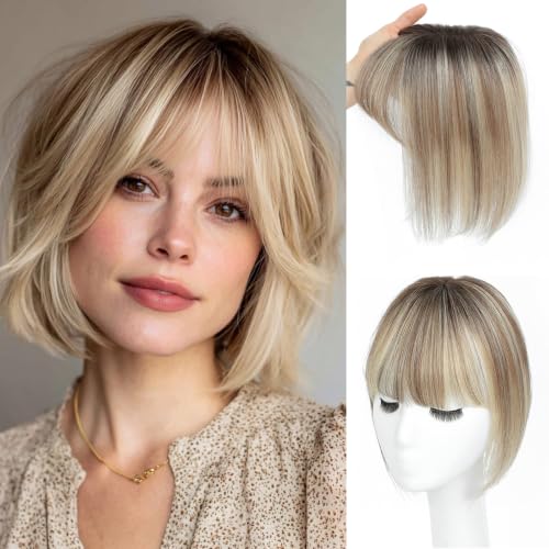 10-Inch Human Hair Topper for Women with Bangs - Ombre Light Brown & Blonde Highlights