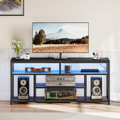 HOOBRO 65-Inch TV Stand with Charging Station – 4-Tier Open Media Console, Black