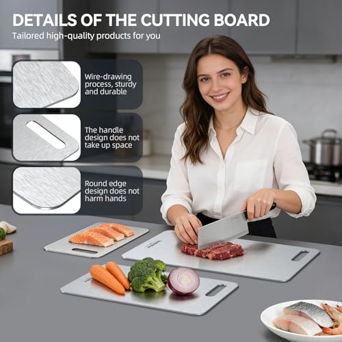GoodArtificer Titanium Cutting Board Set of 3 - Double-Sided Non-Toxic Kitchen Boards, Silver, 16x10/13x8/10.5x6.5 inches