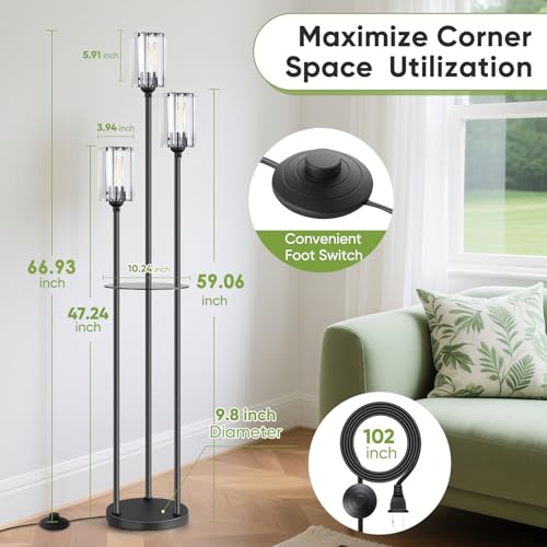 Black Crystal Floor Lamp with Shelves - 67-Inch Tall Modern Standing Light