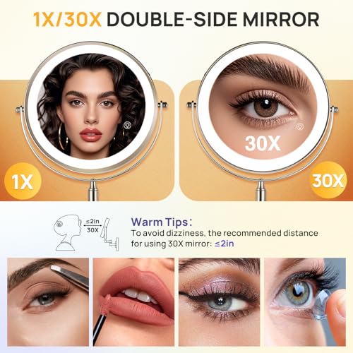 9-Inch Wall Mounted Lighted Makeup Mirror with 30X Magnification - Brushed Nickel