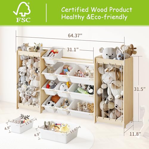 Large Wooden Toy Storage Organizer with 12 Bins & Plush Toy Holder - White, 64.4"L