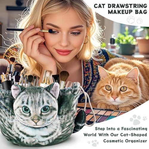 Cat Shaped Drawstring Makeup Bag for Women - Grey Feline Cosmetic Organizer
