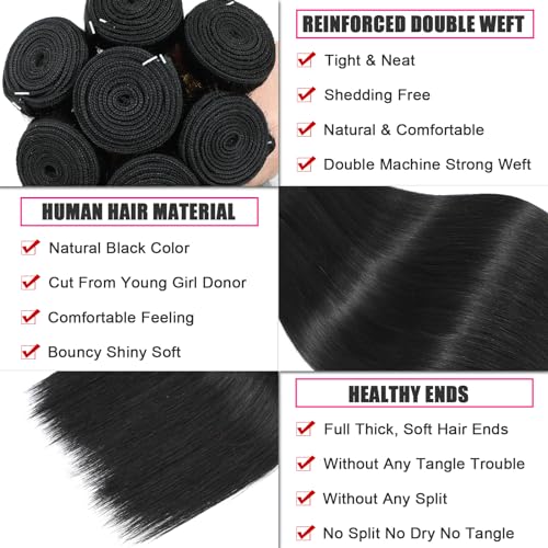 NROOEAY Brazilian Straight Human Hair Bundles 18 Inch Natural Black