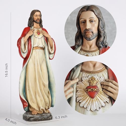 Full Color Sacred Heart of Jesus Statue - 16.7 Inch Religious Sculpture for Home & Worship