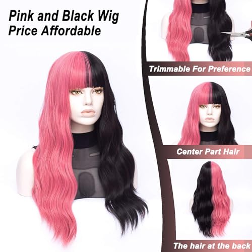 Morticia Pink and Black Wavy Half Wig with Bangs for Cosplay & Parties