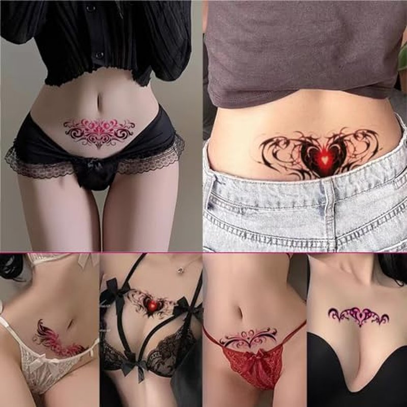 24 Sheets Sexy Belly Temporary Tattoos Black Red Heart Navel Waterproof Tattoo Stickers Bust Stomach Waist Back Fake Body Tattoos for Women