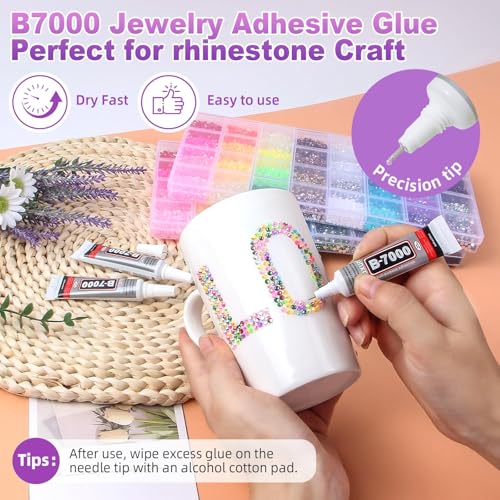 30000Pcs Resin Rhinestones for Bedazzling Kit, 2 Boxes Multicolor 3mm&4mm Bedazzled Crystal, Flatback Gems with 3Pcs 10ml B7000 Jewelry Glue for DIY Crafts Clothing Nail Art Makeup