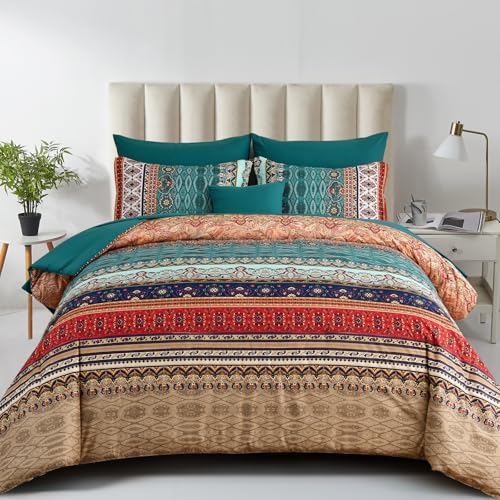 Cottolester Boho Queen Comforter Set - Green & Brown 8 Pieces Bed in a Bag