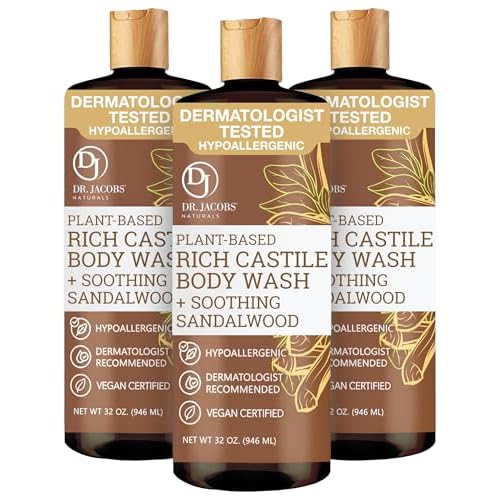 Dr. Jacobs Naturals Pure Castile Soap Liquid Body Wash, Sandalwood - Plant Based Soap Infused with Vitamin E and Aloe Vera to Moisturize Dry and Sensitive Skin - Made in The USA - 32 oz, Pack of 3