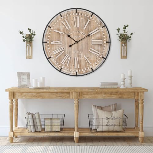 Farmhouse Wall Clock 30 Inch - Rustic Wood Metal Decor Silent Sweep Brown