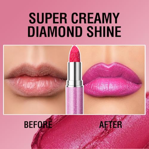 Erinde Metallic Glitter Lipstick for Women, Long Lasting Sparkle Lipsticks, High Shine Diamond Creamy Lipstick Lipcolor Makeup, Hydrating Glimmer Finish, Sparkling Lip Gloss, 04 Hot Pink