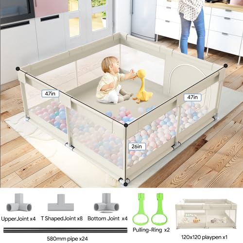 Fodoss Beige Baby Playpen 47x47in, Safety Mesh Play Yard for Toddlers & Babies