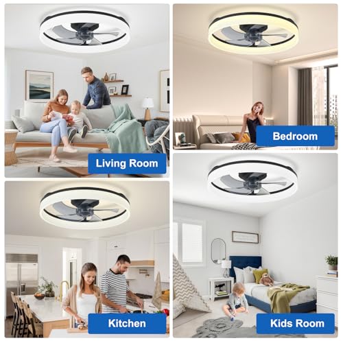 Black 20-Inch Bladeless Ceiling Fan with Light - Modern Flush Mount Fandelier with App & Remote