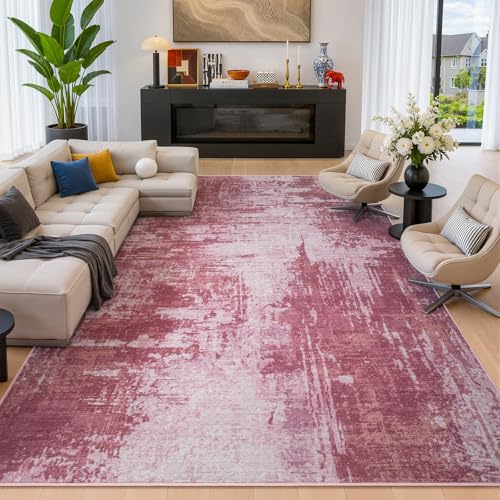 Pink Washable Area Rug 6x9 Non-Slip Faux Wool Abstract Floor Covering