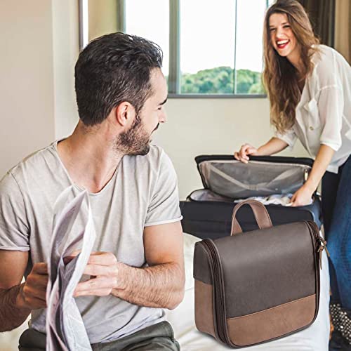 Men's Vintage Leather Hanging Toiletry Bag - Brown Pattern Waterproof Travel Organizer
