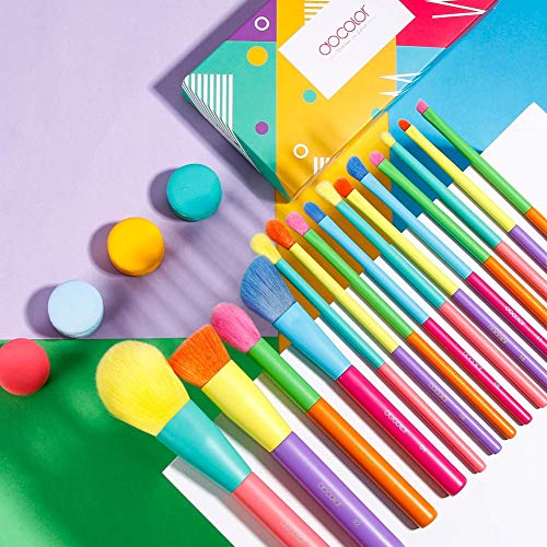Docolor 15Pcs Colourful Makeup Brush Set + Makeup Brushes Cleaner Set,Premium Synthetic Kabuki Foundation Blending Rainbow Make Up Brush Set with Solid Soap Cleanser & Color Removal Sponge