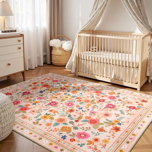Washable Floral Area Rug 6x9 Pink Beige - Non-Slip, Machine Washable Living Room Decor