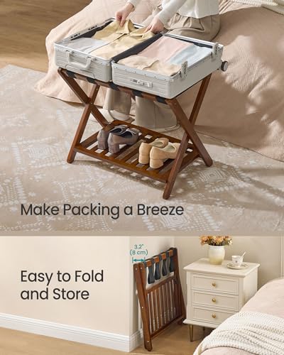 Coffee Brown 2 Pack Solid Wood Luggage Racks with Storage Shelf - No Assembly Needed