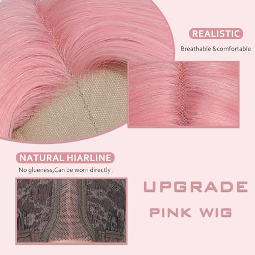 Pink Wavy Wig for Women, 26 Inch Light Pink Synthetic Hair, Natural Look & Heat Resistant - Variation: Pink