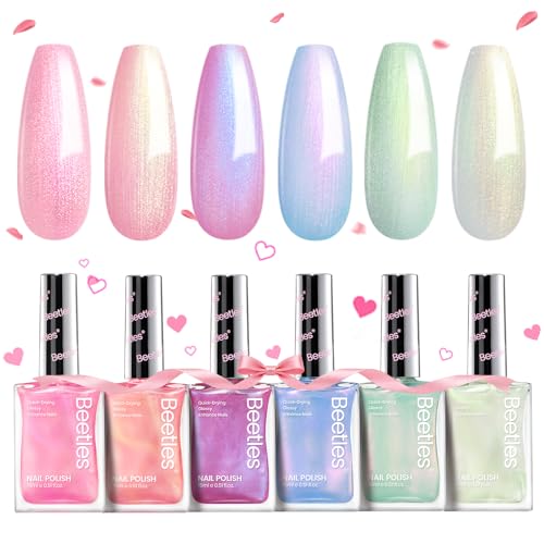 Beetles Pearl Nail Polish Set Mermaid Glow, 6 Colors Shimmer Pearl Pink Purple Quick Dry Nail Polish Long Lasting DIY Manicure Gift for Girls Women Nail Strengthener Polish