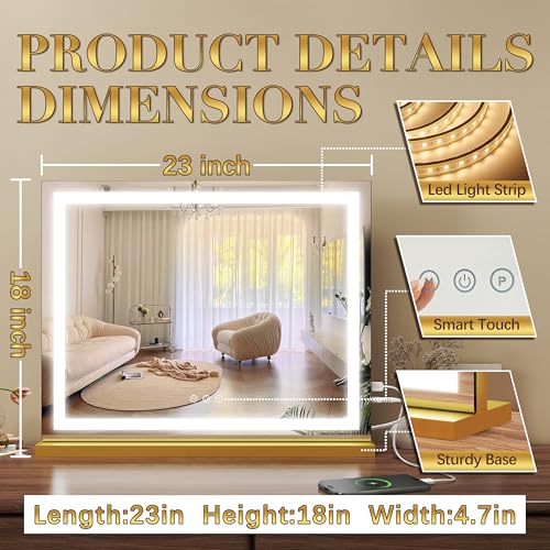 Gold Vanity Mirror with Lights 23x18 Inch Full View Dimmable LED Beauty Mirror - Detachable Magnifier