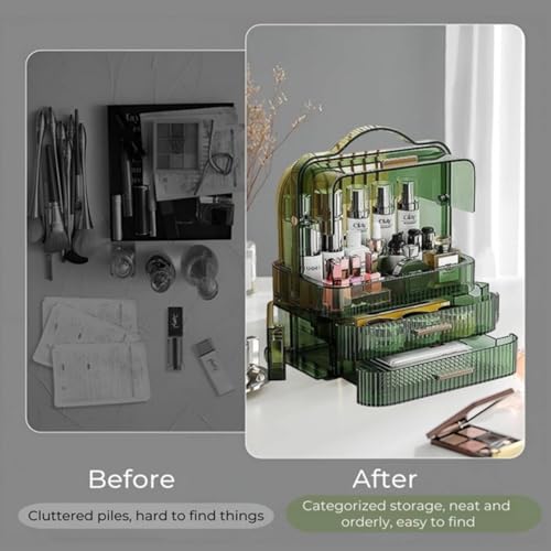Green Portable Makeup Organizer Box with Drawers & Transparent Lid