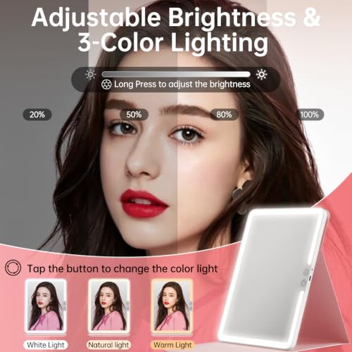 FUNTOUCH 2500mAh Rechargeable Travel Makeup Mirror with Lights - Pink N