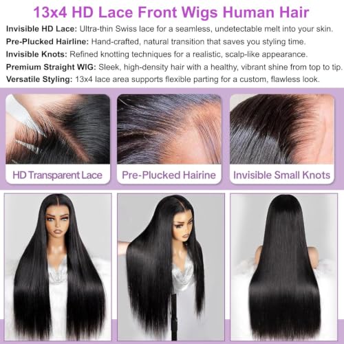 Natural Black Lace Front Wigs Human Hair 22 Inch for Black Women - Glueless
