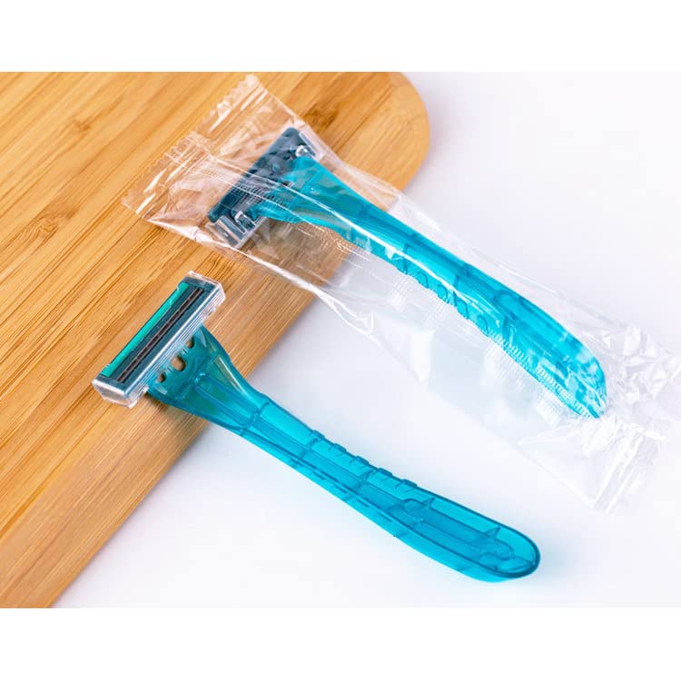 Blue Disposable Razors Bulk Pack - Individually Wrapped Twin Steel Blades for Travel & Hotel