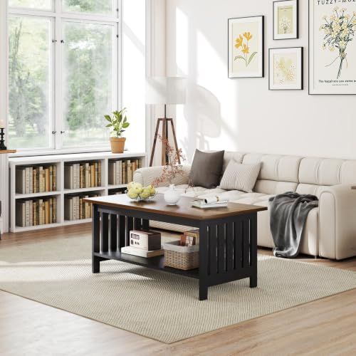 YOSHOOT 39.4-Inch Farmhouse Coffee Table with Double-Layer Shelf