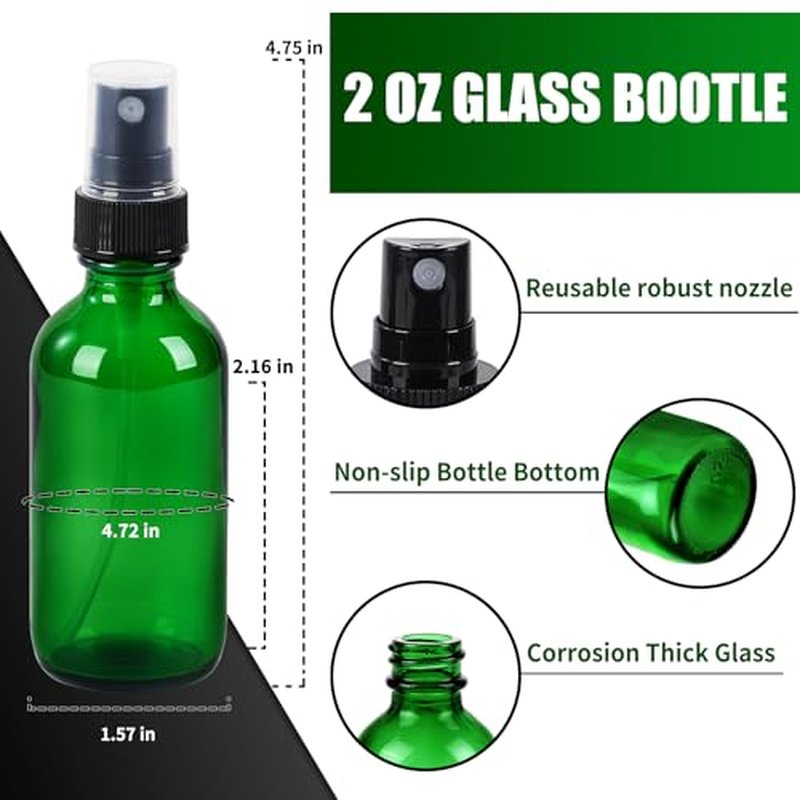 2 oz Glass Spray Bottles, Reusable Fine Mist Sprayer Small Spray Bottle, Leak-Proof Design, Perfect for Travel, Skin Care, Perfumes, Botanical, Cleansing (Green, 2oz-48pcs)
