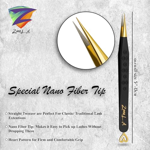 Zane L.A. Nano Fiber Tip Professional Eyelash Extension Tweezers, made with Japanese Stainless Steel, Unique Heart Design (Black)