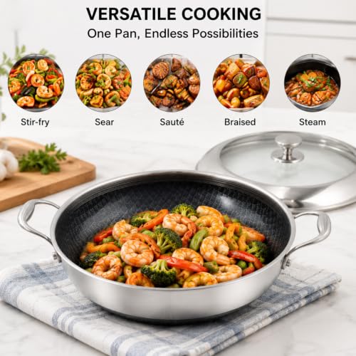 Black 14-Inch Tri-Ply Stainless Steel Wok Pan with Lid - DELARLO
