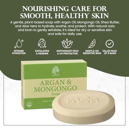 Madina Argan & Mongongo Soap Bar ? Hydrating, Deep Moisturizing, Antioxidant, Natural Oils, Gentle Cleanser for Face & Body, For Dry & Sensitive Skin, 6 Pack (3.5 oz Each)
