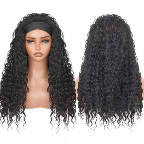 PREMPO Black 1B Curly Headband Wig 20 Inch Glueless Water Wave Synthetic Hair