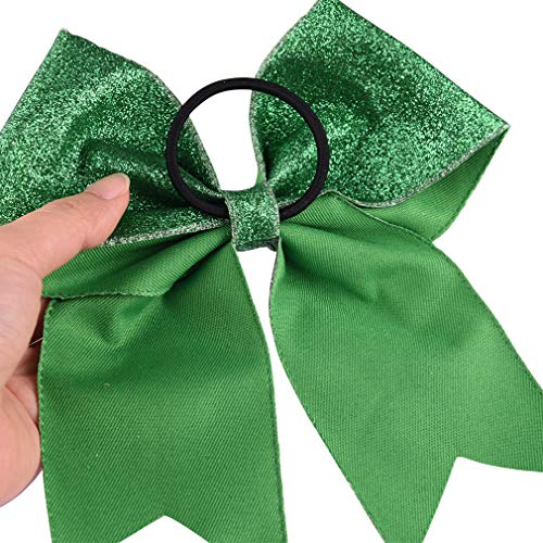 Cheerleader Hair Bows Set - Large Glitter Green Ponytail Holders with Elastic Band - 12 pcs
