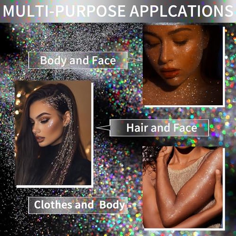 Hair Glitter, 2PCS Body Glitter Spray Glitter Hairspray for Kids Women, Long-Lasting Quick-Drying Holographic Glitter Spray for Hair and 8.4 Fl OZ (Holo Silver+ Holo Pink)