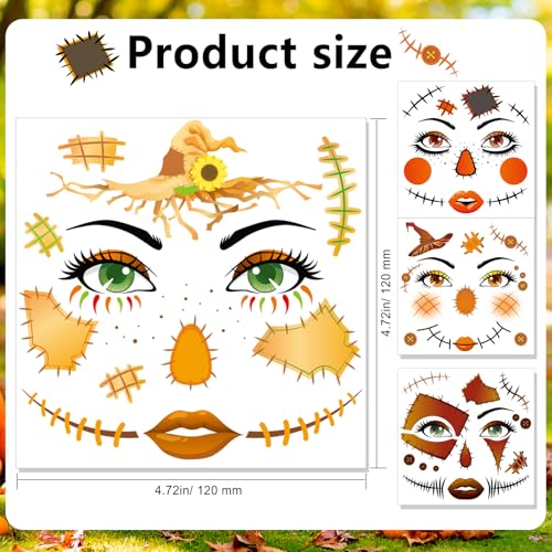HOWAF 4 Sheets Scarecrow Face Tattoos for Halloween Scarecrow Costume, Straw Witch Sunflower Temporary Tattoos for Scarecrows Cosplay Supplies, Scarecrows Fake Tattoos Full Face Tattoo