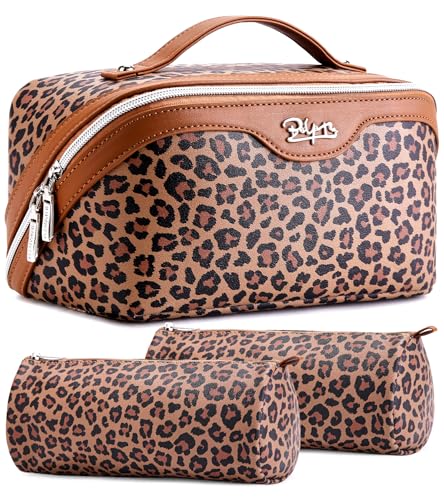 Travel Makeup Bag Organizer Set - 3 Pcs Leopard Cosmetic Bags for Women