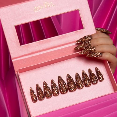 Reusable Gold Rhinestone Press-On Nails - Stiletto Full Cover Fake Nails, Salon Quality, 1.3 Inch